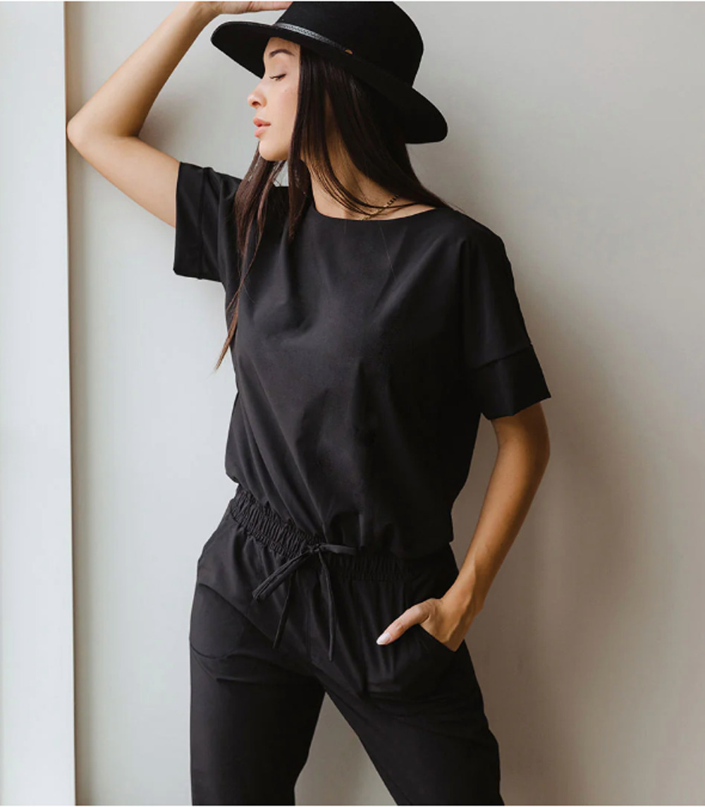 Albion Everyday Athletic Short Sleeve Jumpsuit One Piece Romper Black Medium